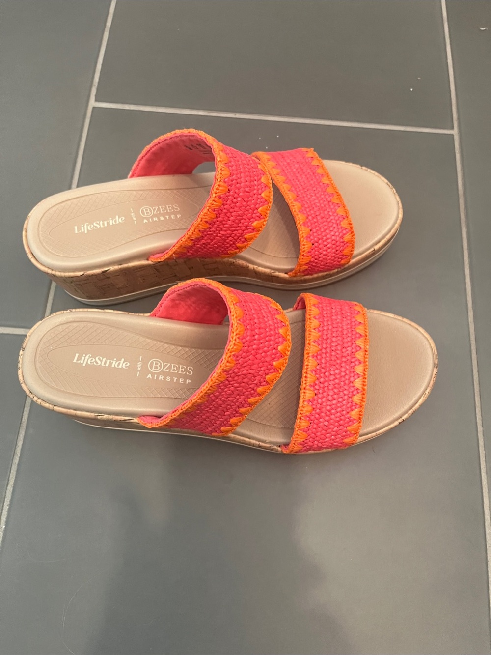 Life Stride Pink and Orange Woven Double-Strap Slide Wedges